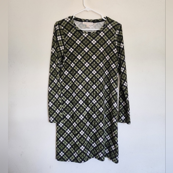 Michael Michael Kors Evergreen Plaid Long-Sleeve Holiday Dress size Medium - Picture 1 of 7